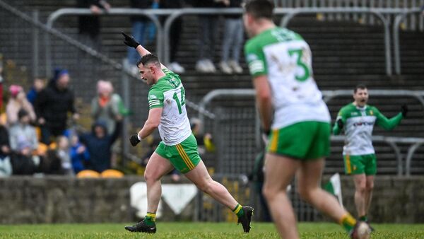 CAPTAIN FANTASTIC: Patrick McBrearty of Donegal celebrates after kicking the match winning point in the Allianz Football League Division 1 match against Kerry at MacCumhaill Park in Ballybofey, Donegal. Pic: Ramsey Cardy/Sportsfile
